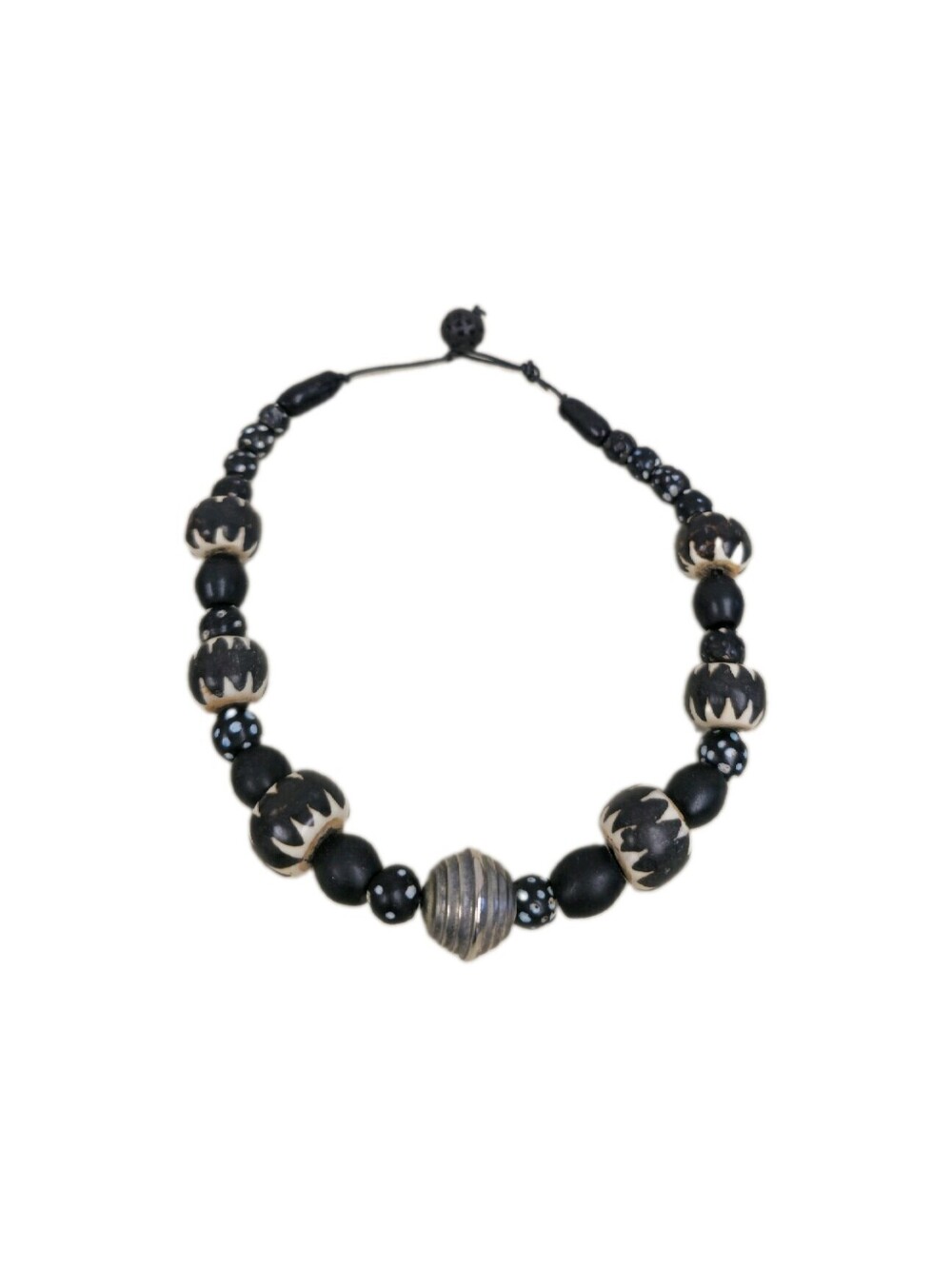 Vintage Funky African Batik Bone beaded Necklace With metal Pendant 20"